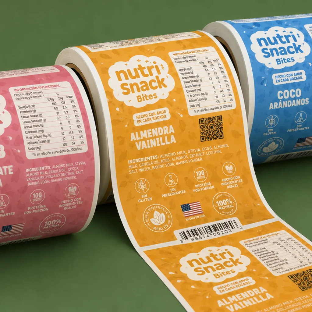 Custom roll labels for snack brands – printed labels on rolls