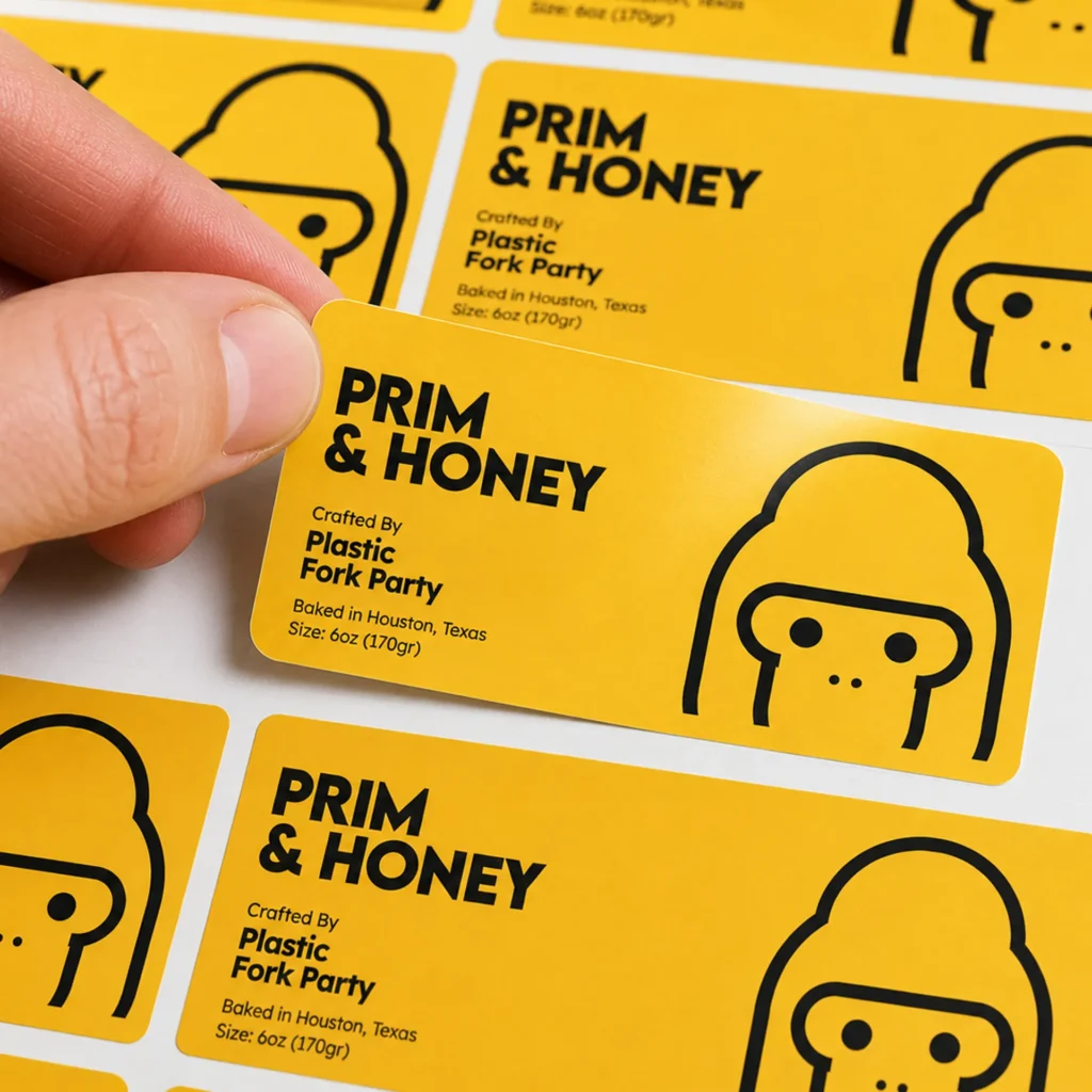 Custom labels for bakery and specialty goods – rectangular labels being applied