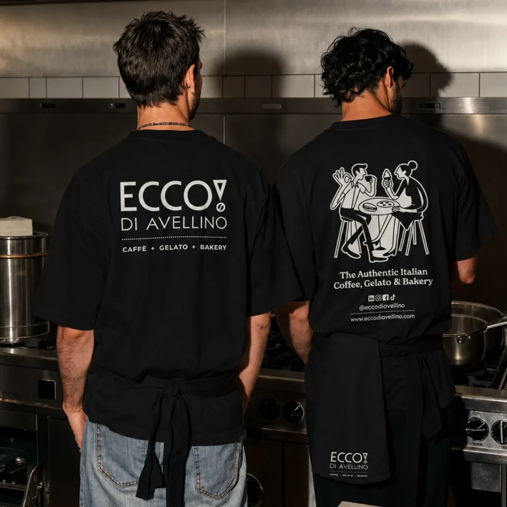 Custom staff t-shirts for cafés and gelaterias – back print on a kitchen crew