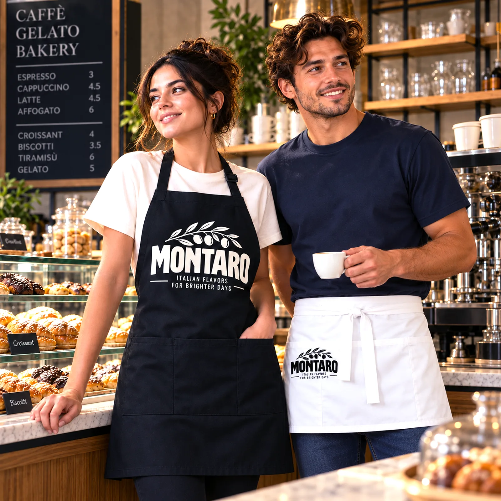 Custom aprons for cafés and bakeries – embroidered bib and waist aprons
