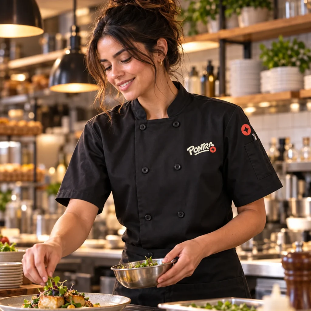 Black short sleeve custom chef jacket with a restaurant logo