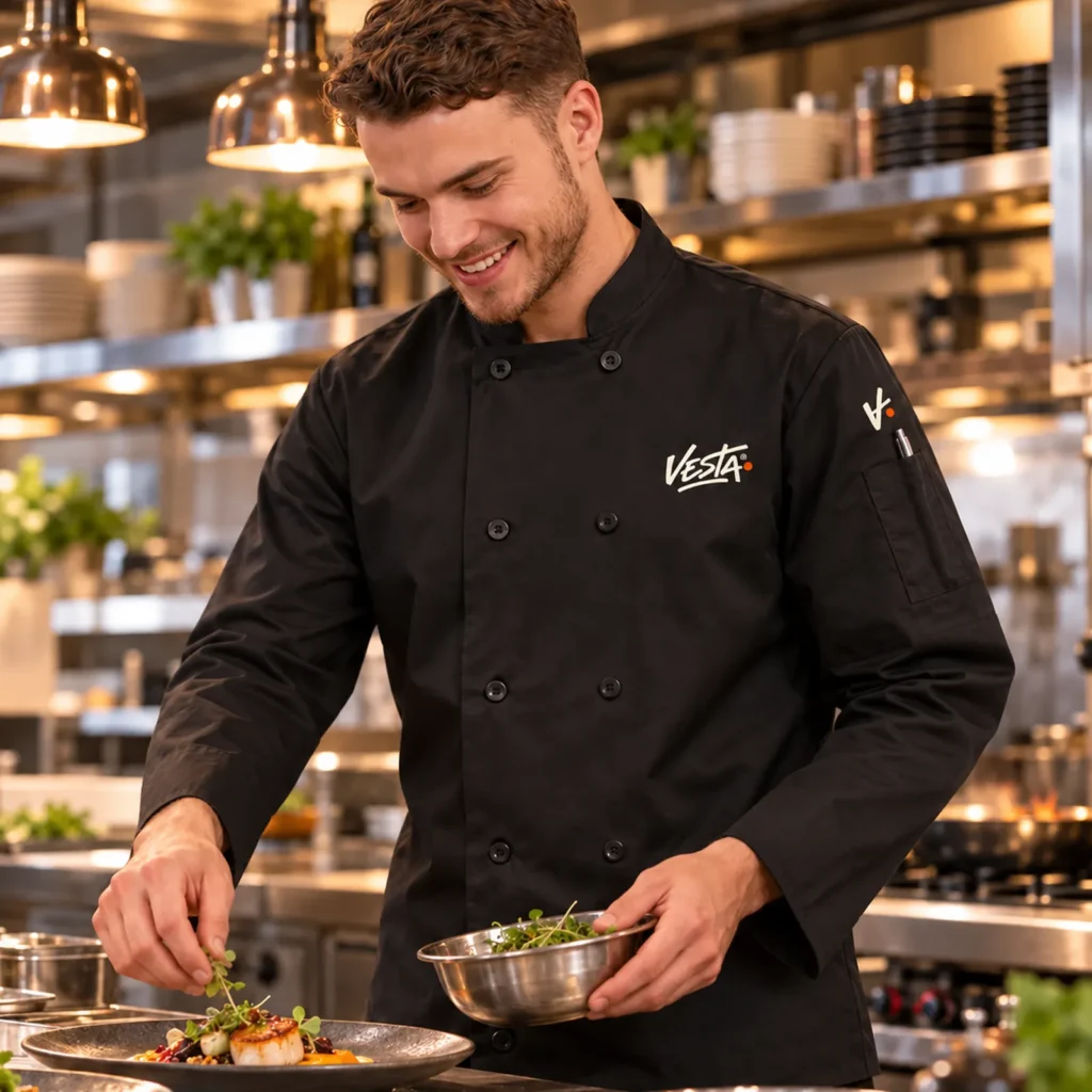 Black long sleeve custom chef jacket with a restaurant logo