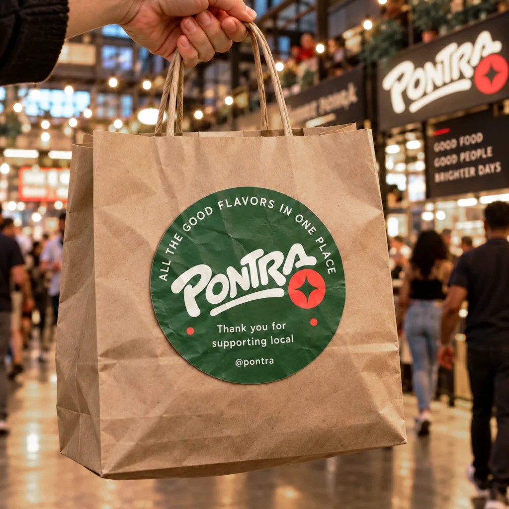 Custom stickers for to-go bags – circle sticker on a kraft takeout bag