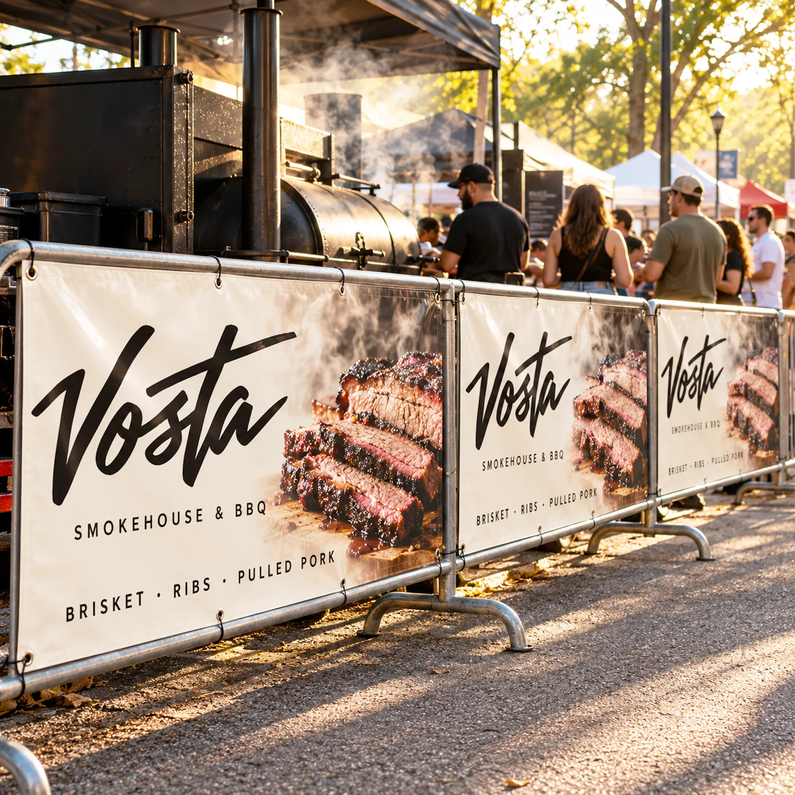 Custom banners for restaurants and food events – vinyl banners at an outdoor smokehouse