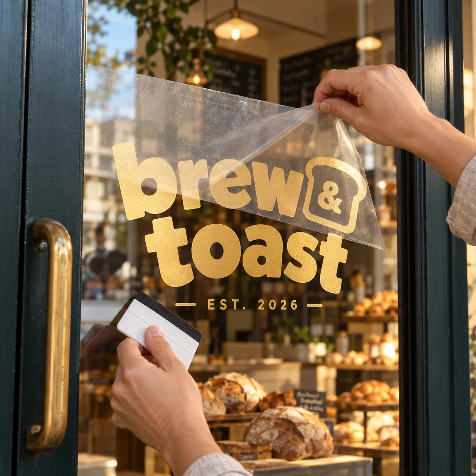 Vinyl lettering for café windows – logo being applied to glass