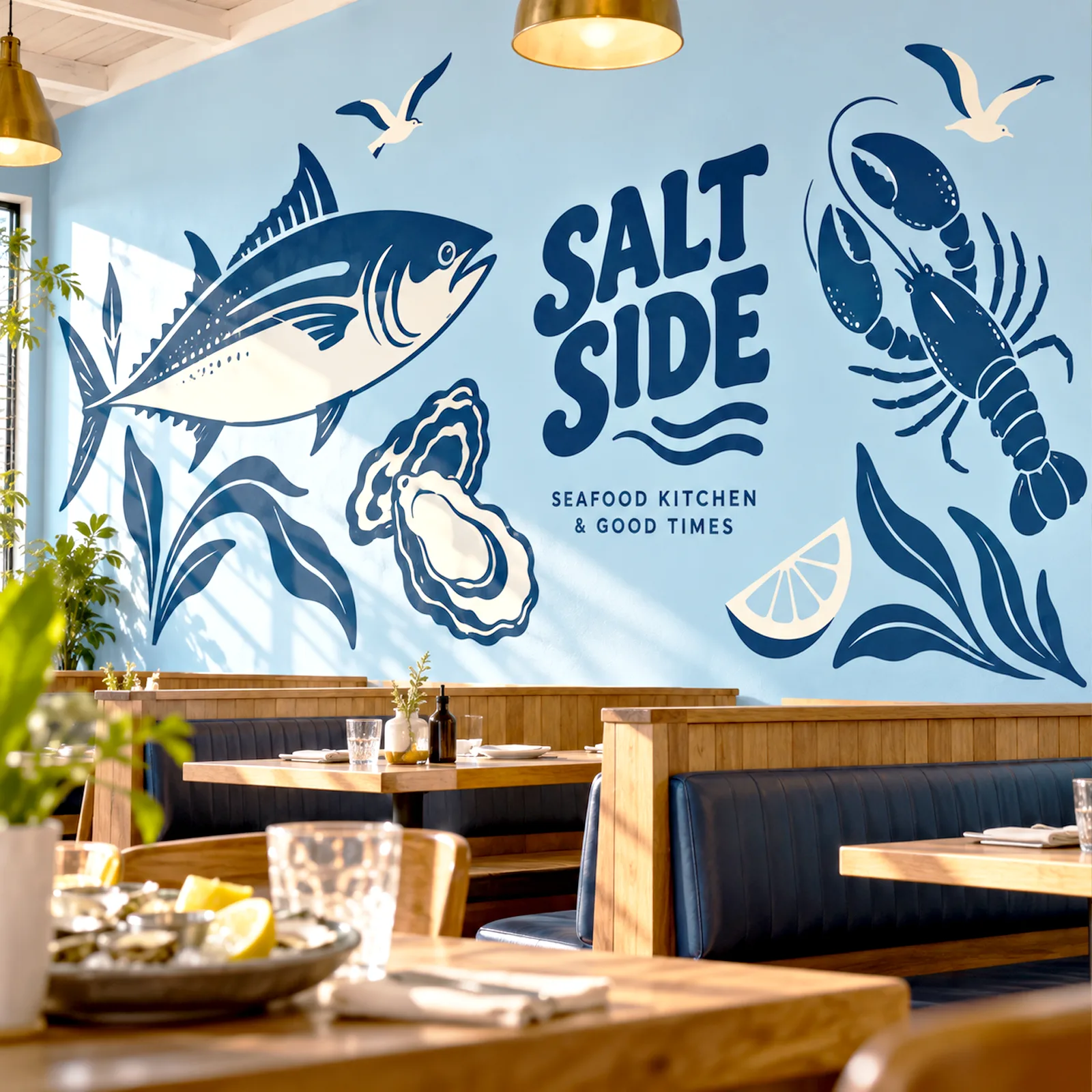 Wall graphics for restaurants – seafood mural in a dining room