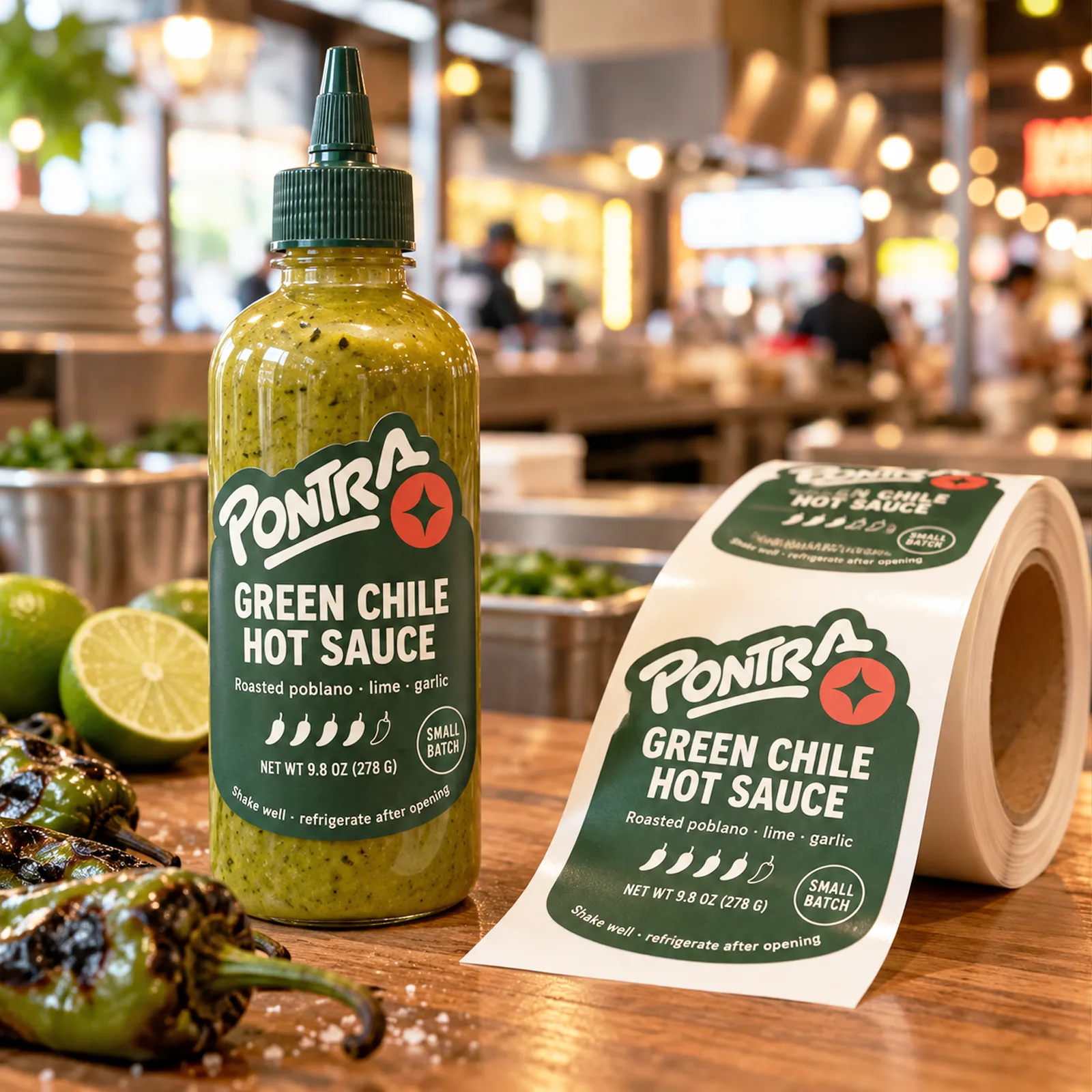 Custom labels for food and beverage products – roll labels on hot sauce bottles