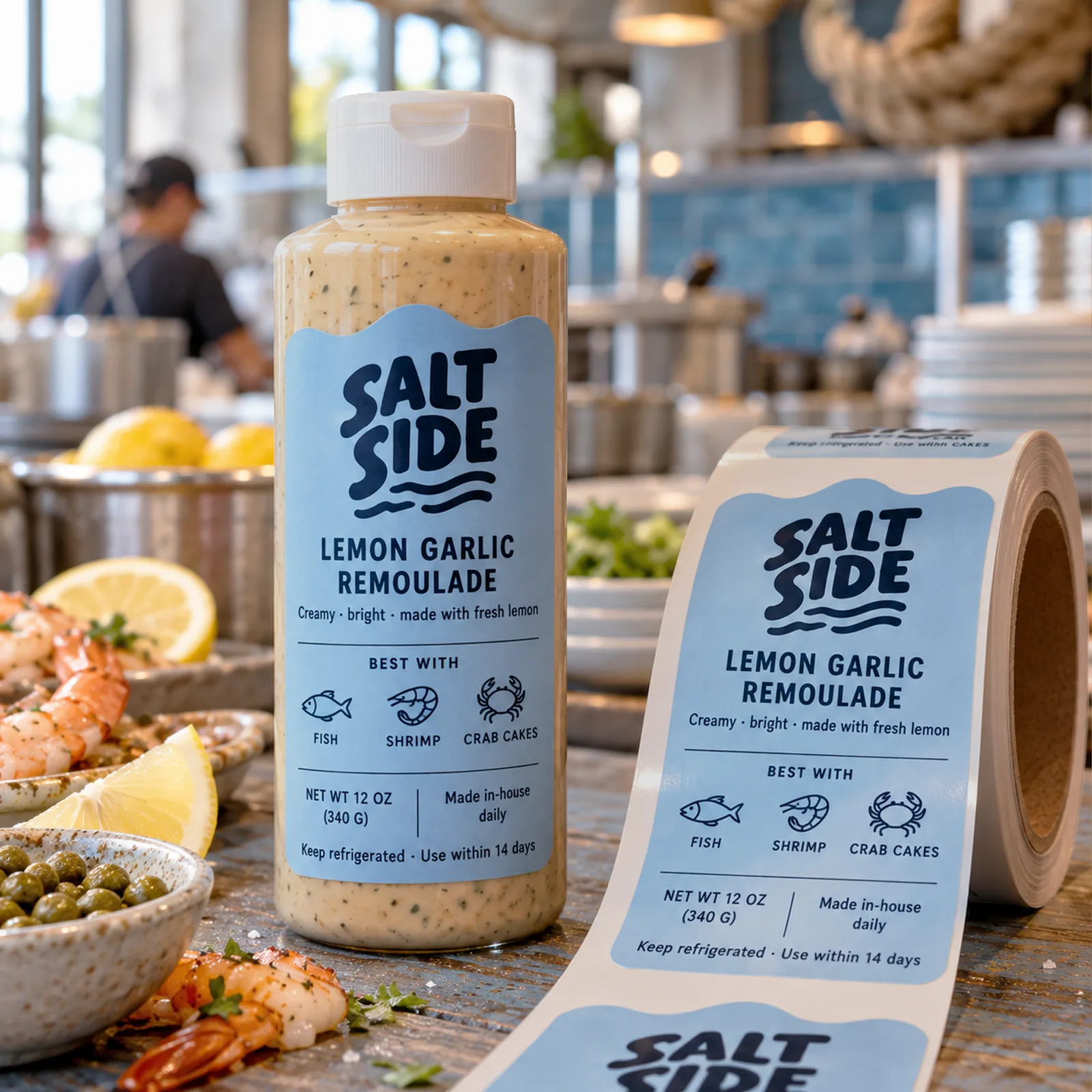 Die cut labels for sauces and condiments – roll labels on a remoulade bottle