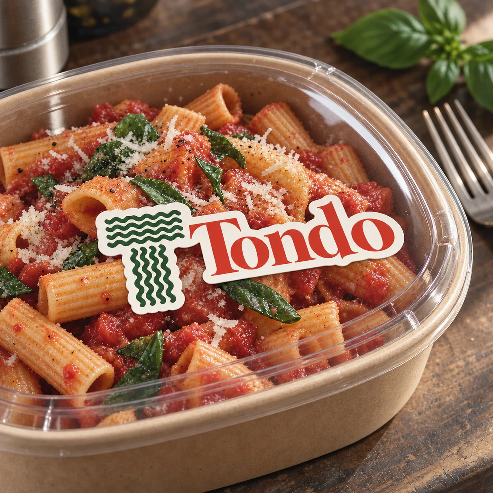 Custom stickers for takeout packaging – die cut logo on a pasta container