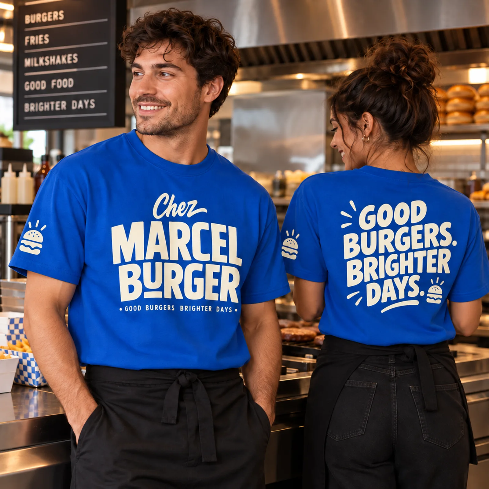 Heavy t-shirts for restaurant crews – front and back print on blue tees