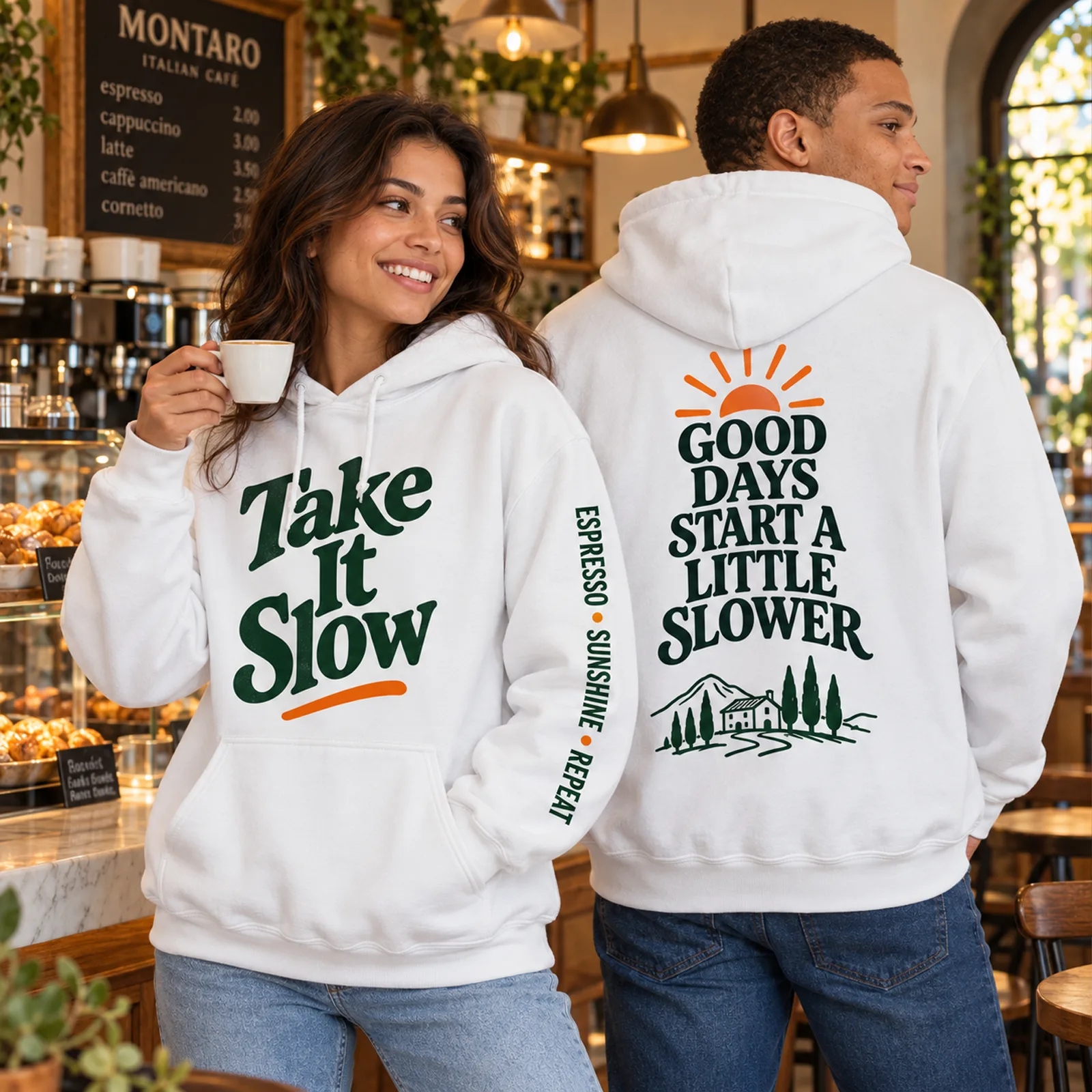 Custom hoodies for cafés and coffee shops – printed white hoodies