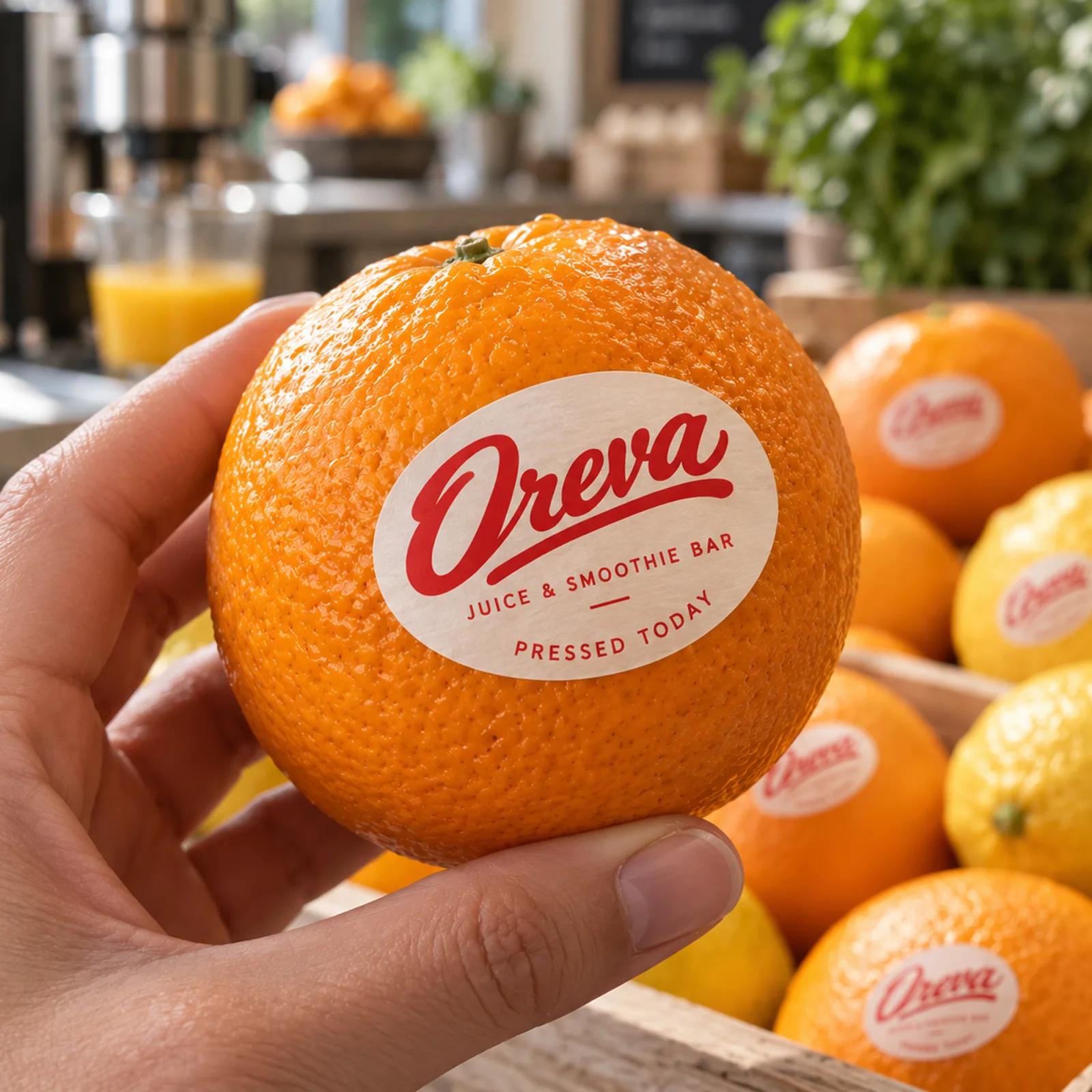Custom stickers for food and beverage brands – oval stickers on fresh oranges