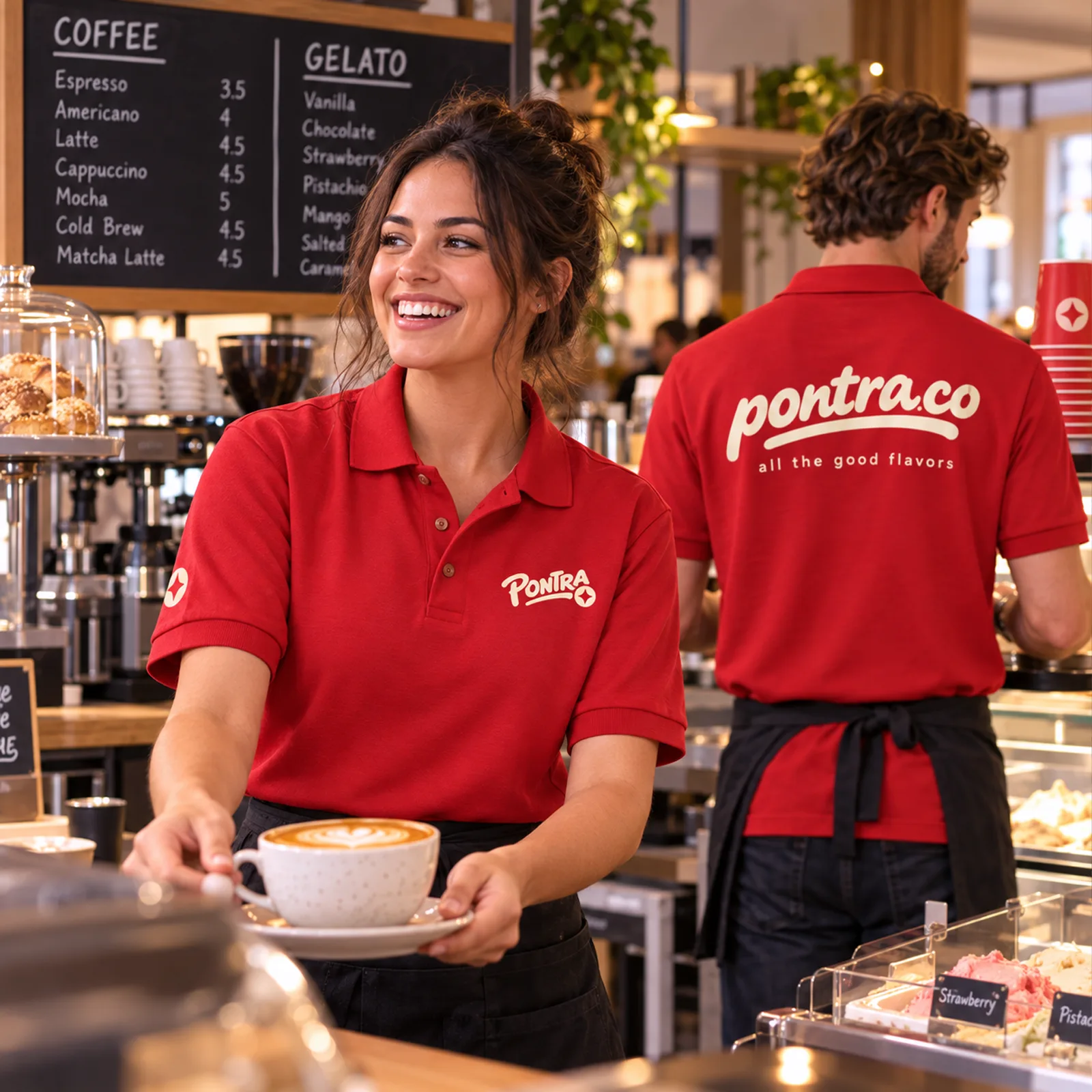 Custom polos for restaurant and café staff – embroidered red polos