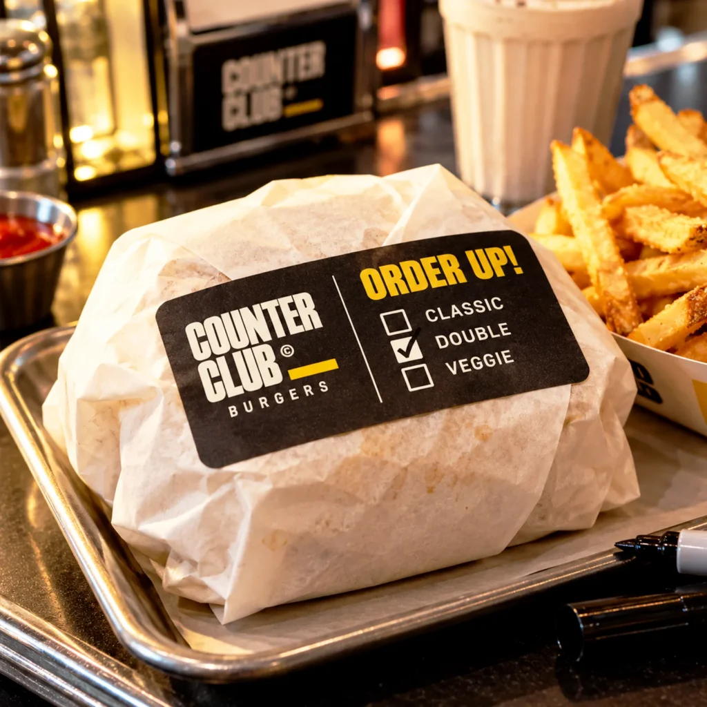 Custom stickers for burger wraps – rectangle sticker on a takeout sandwich