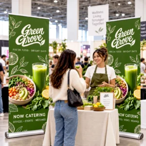 Custom retractable banner stands at a fresh food catering booth