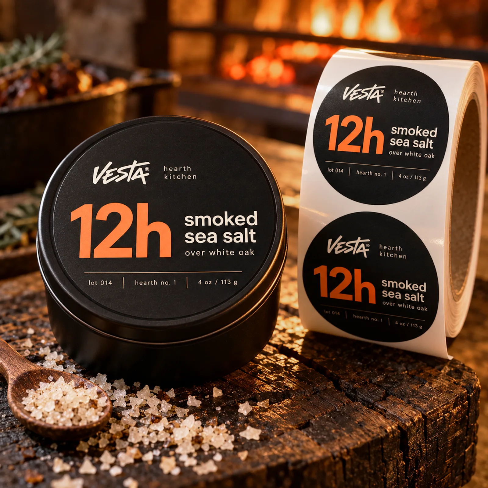 Round labels for jars and tins – smoked sea salt tin label