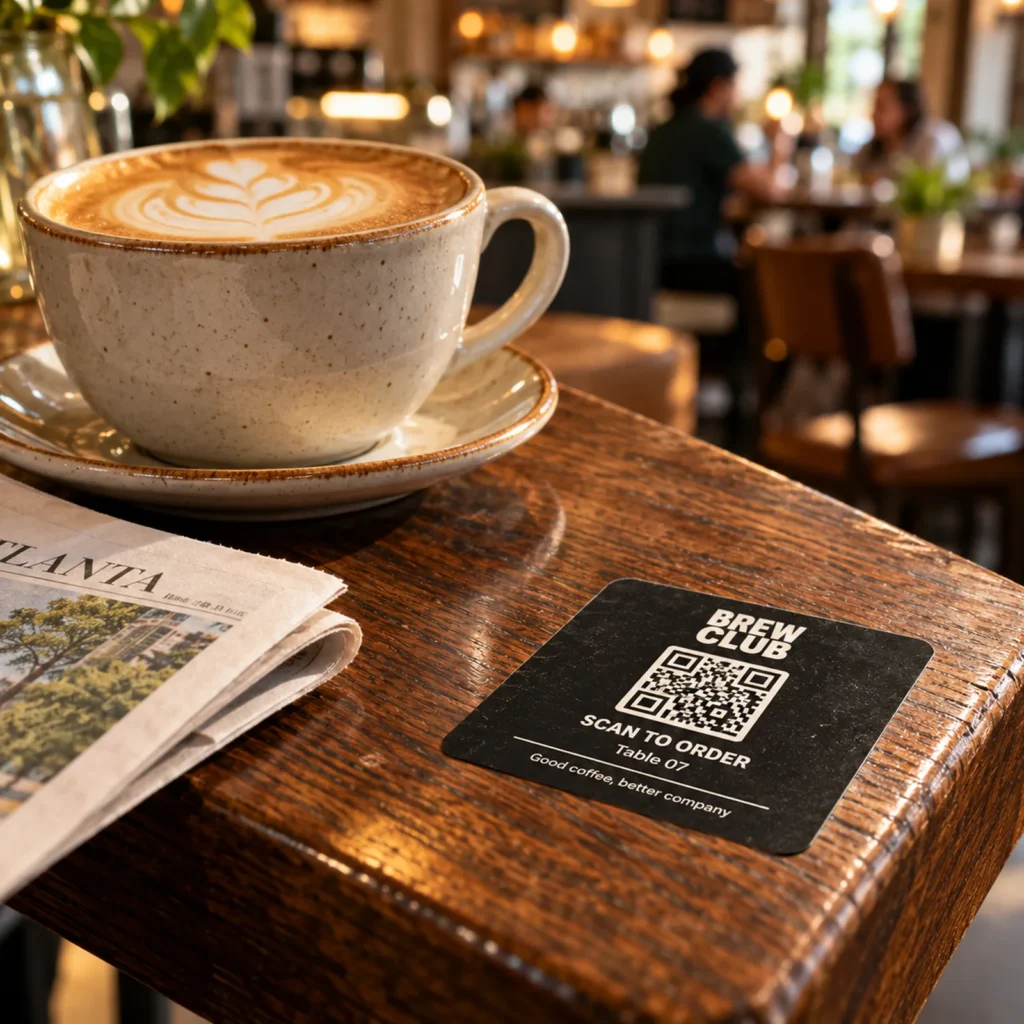 Custom stickers for cafés – square sticker on a coffee shop table card