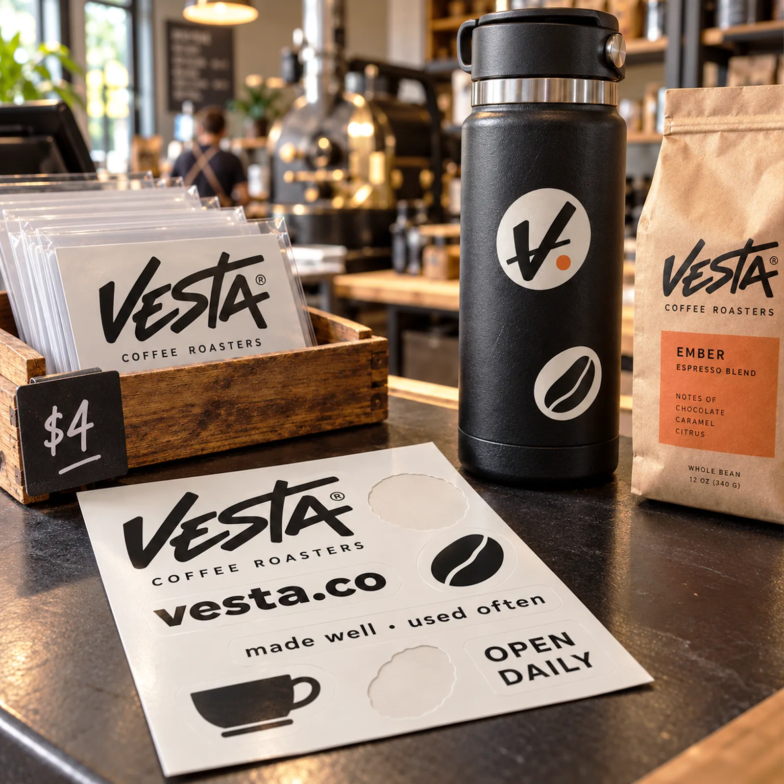 Sticker sheets for cafés and coffee brands – multiple logo stickers on one sheet