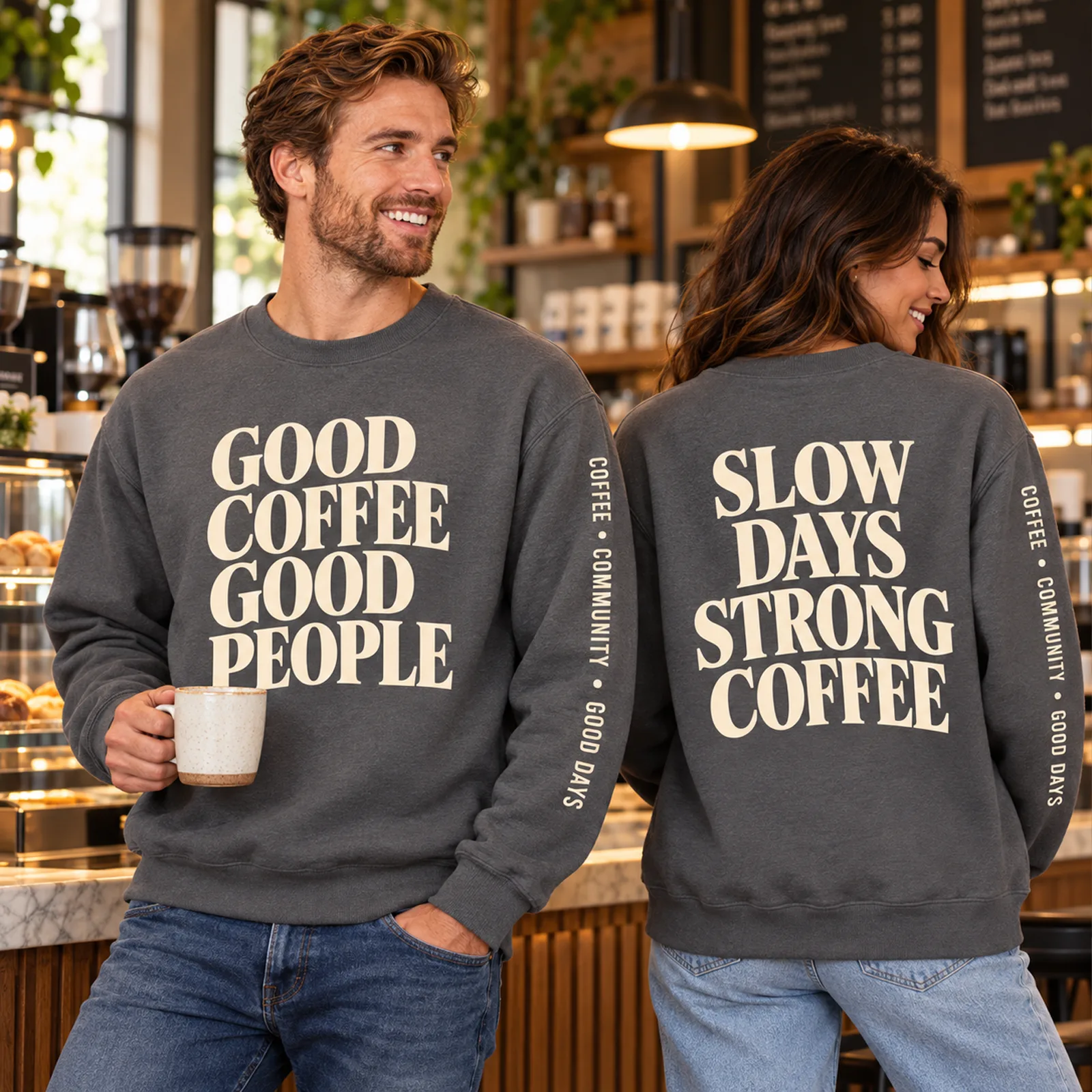 Custom sweaters for coffee shops – printed gray crewnecks