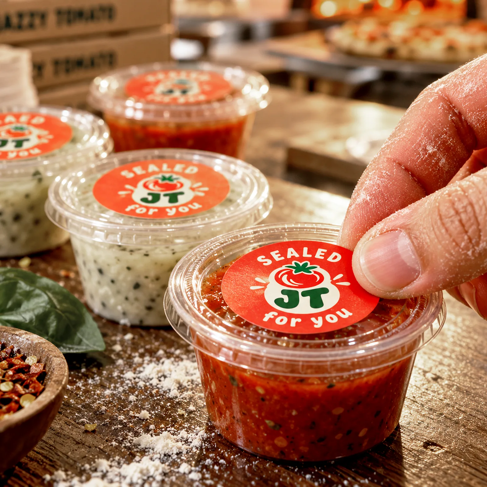 Circle stickers for sauce cups and deli containers – branded lid seal
